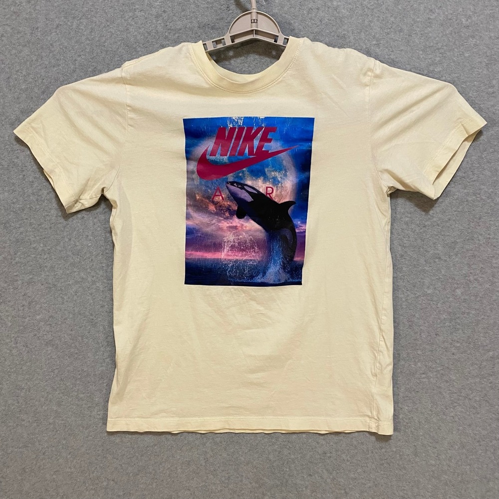NIKE Air Orca Mens Medium Cream Killer Whale Ocean Sunset Graphic Cotton T-Shirt